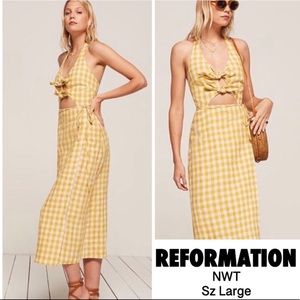Reformation midi linen wrap halter yellow gingham dress size Large